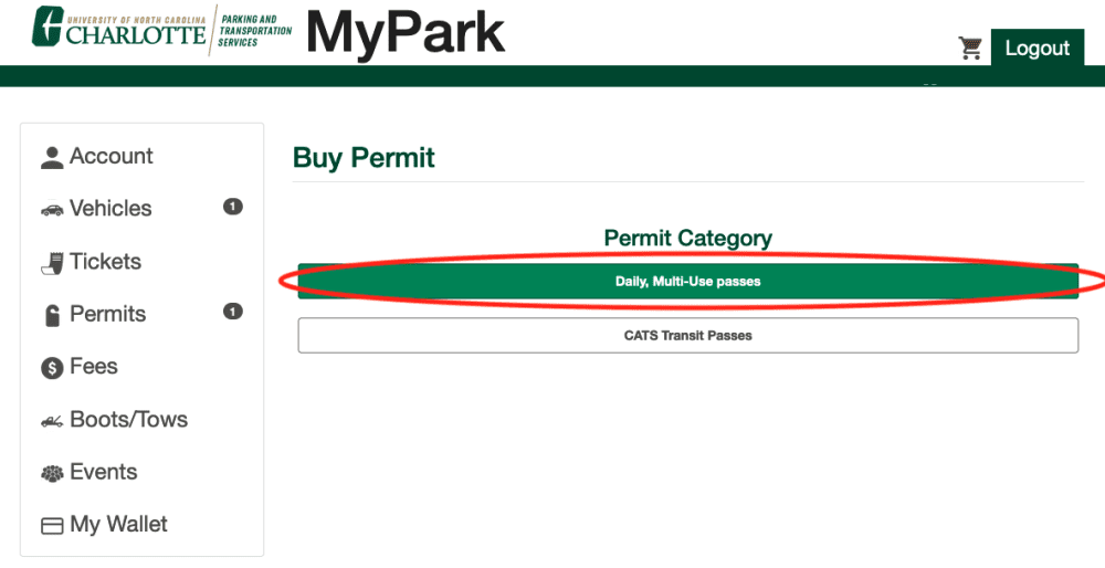 Mypark selecting a daily permit screenshot