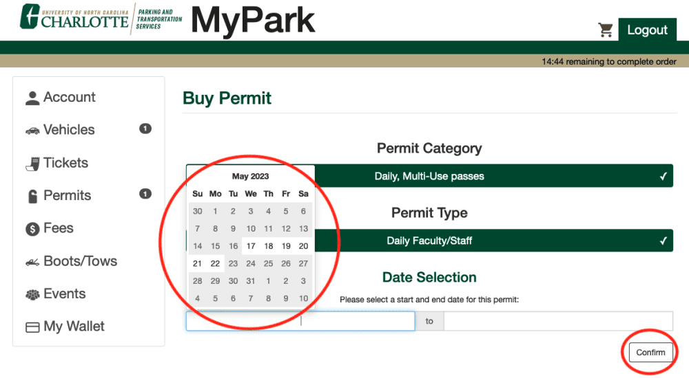 MyPark selecting effective dates screenshot