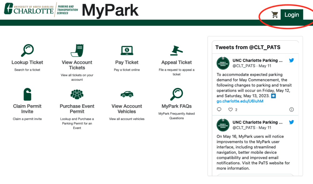 MyPark login screenshot