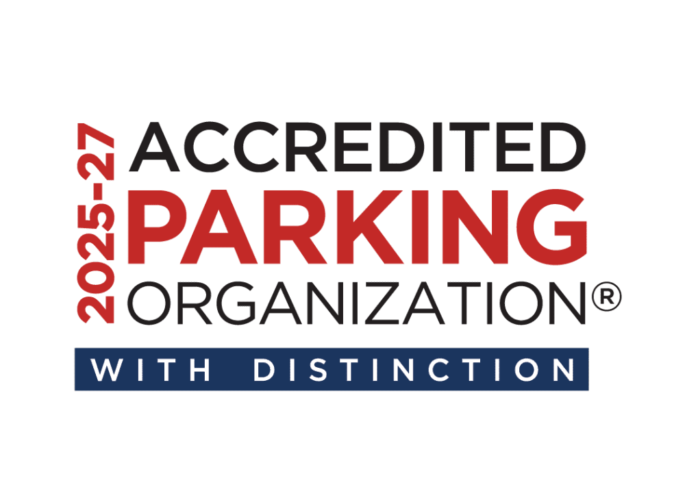 Graphic which says "2025-27 Accredited Parking Organization with Distinction"
