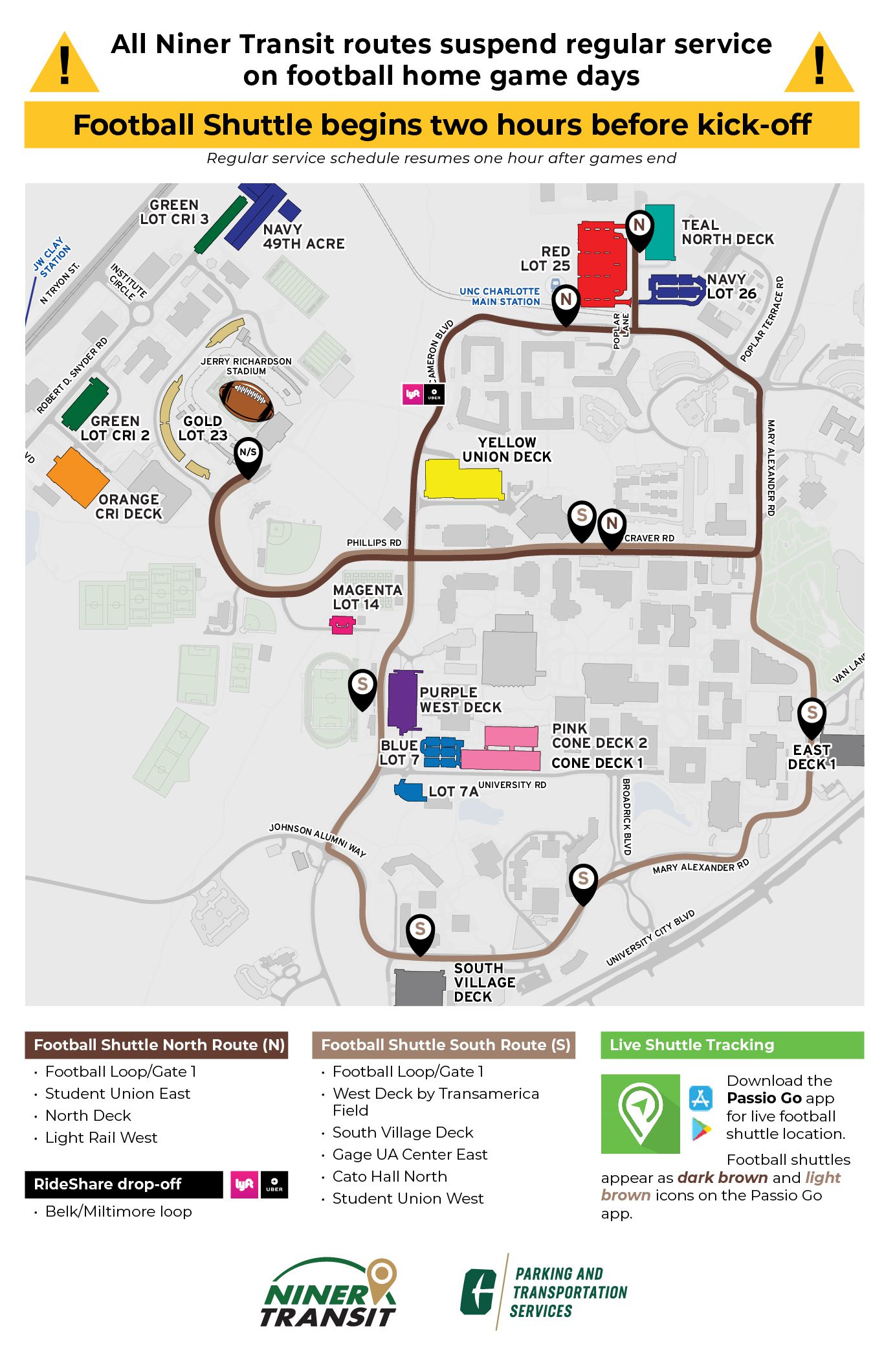 Niner Transit fall 2024 football shuttle map.