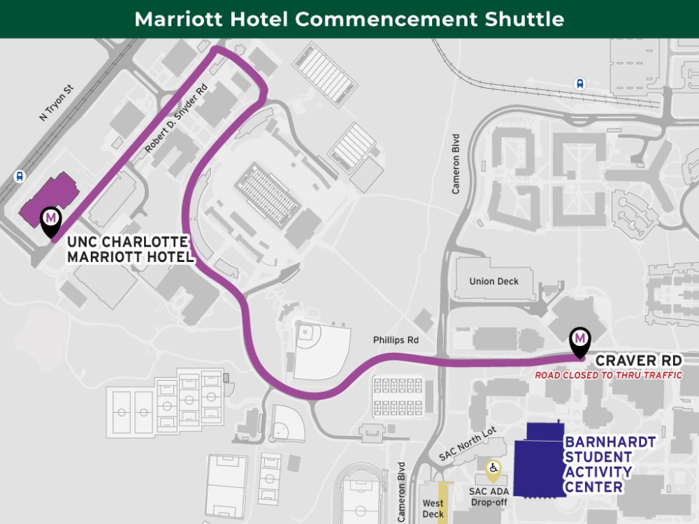 A map shows the Marriott Hotel Commencement Shuttle stops at the UNC Charlotte Marriot Hotel and Craver Road. The Craver Road stop is close to the Barnhardt Student Activity Center.