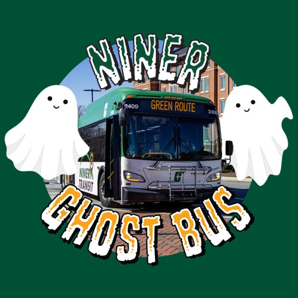 two ghosts hover next to a bus with spooky green and orange text that reads "Niner Ghost Bus"