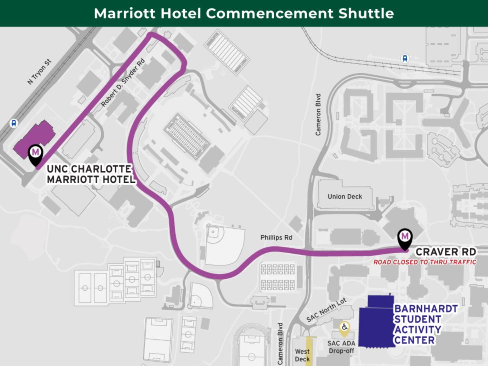 Map of Marriott Hotel Commencement Shuttle route, showing one stop on Robert D. Snyder Rd in front of the Marriott Hotel and another stop on Craver Rd near the Barnhardt Student Activity Center