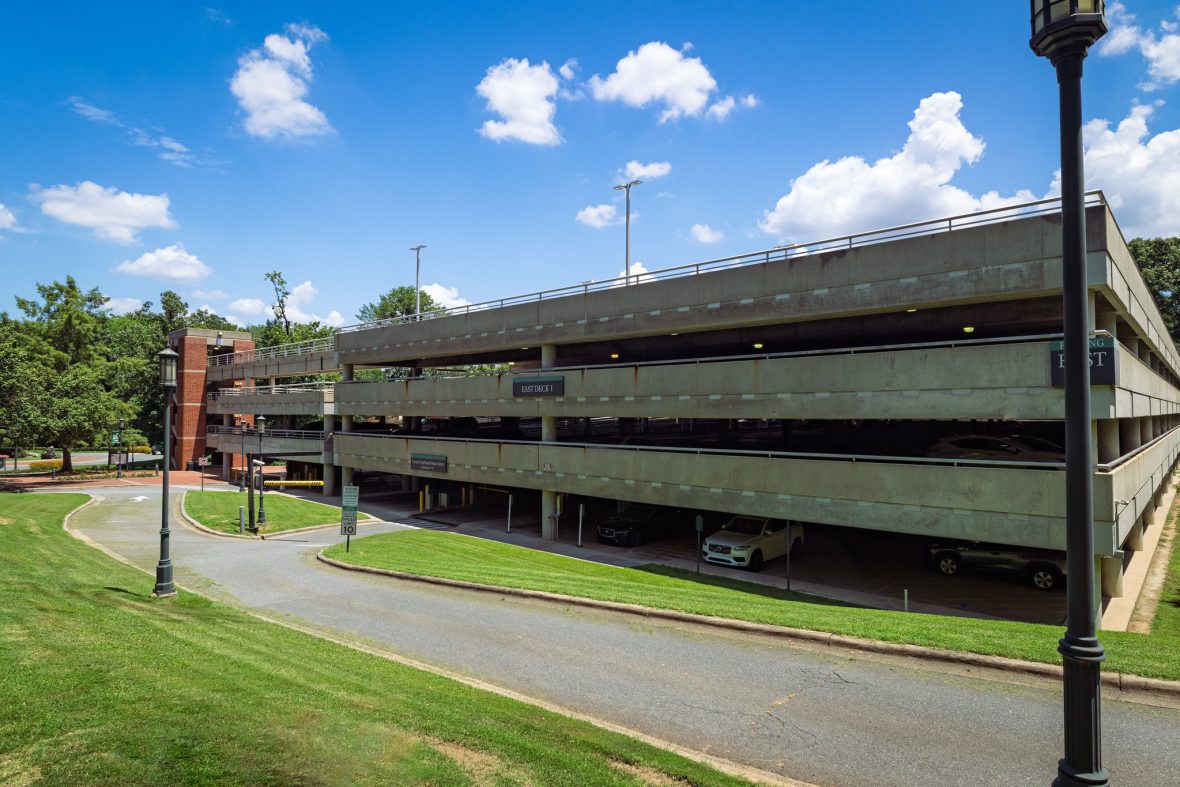 Multi-level parking deck with East Deck 1 sign
