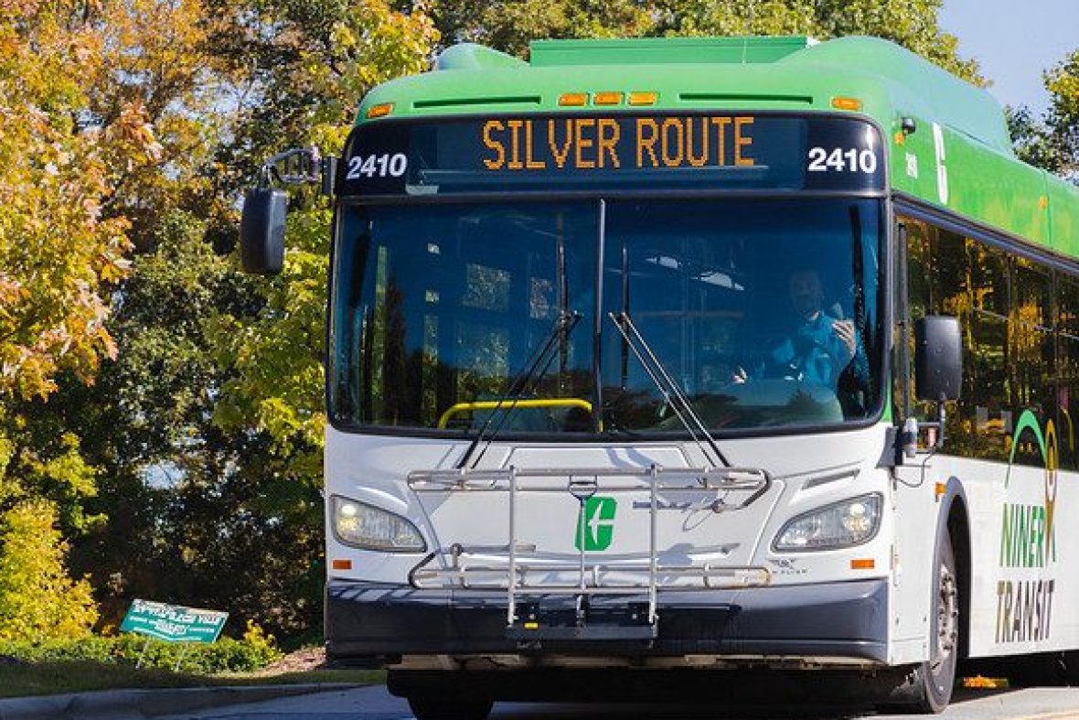 Niner Transit Bus on street with Silver Route indicator