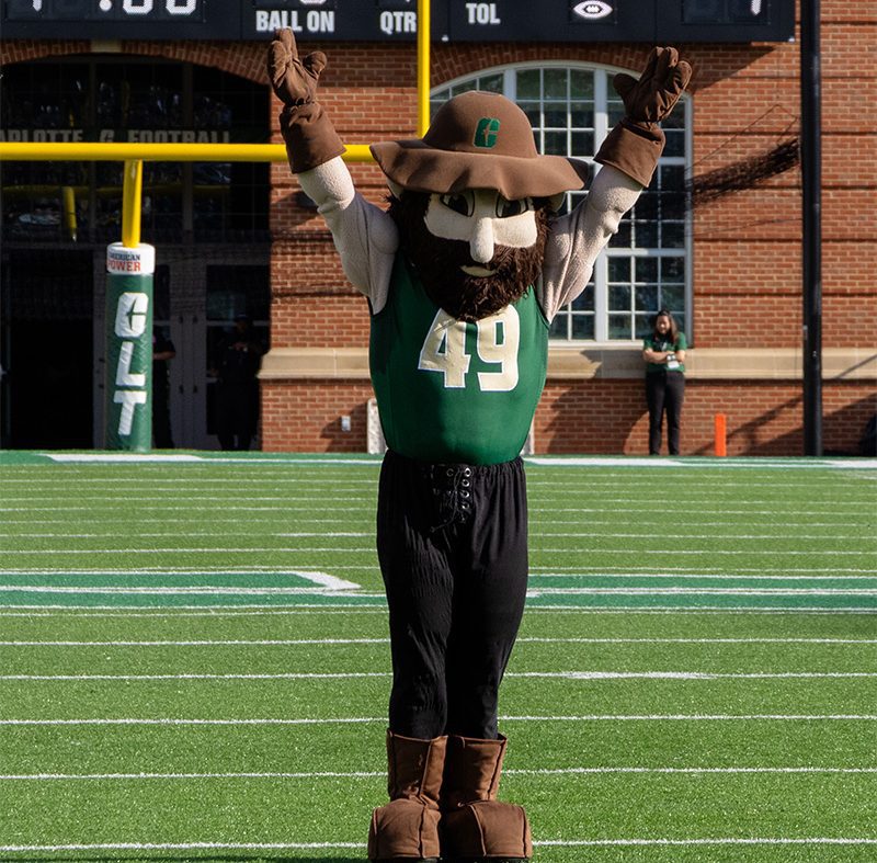 mascot Norm does the touchdown stand on the Jerry Richardson Stadium field
