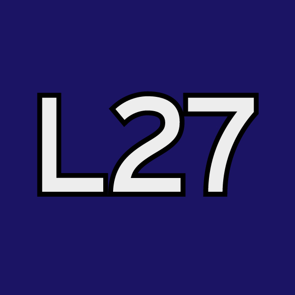 white L and 27 on dark purple background