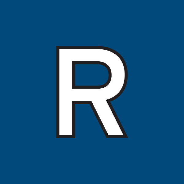 white R on a dark blue background