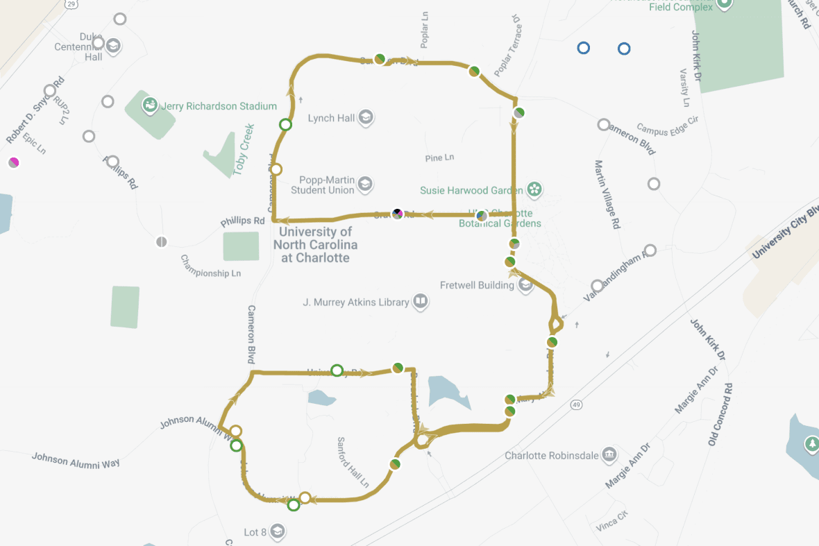 Map of the Niner Transit shuttle Gold Route