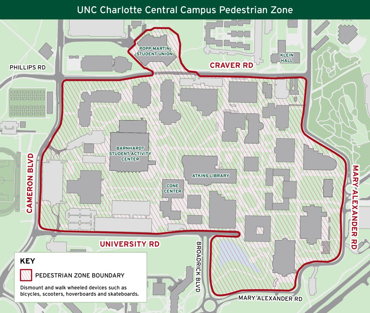 map of central campus with the pedestrian zone outlined in red