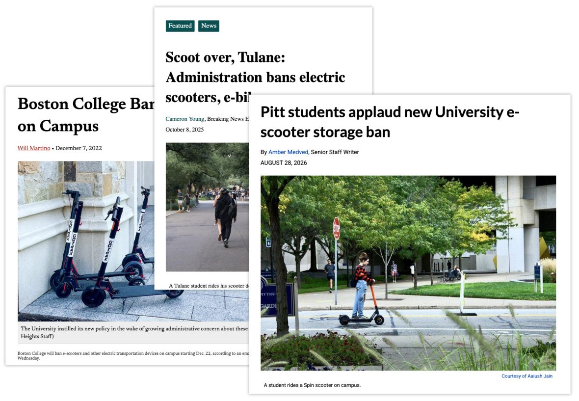 Screenshots from various University news sites about campus e-scooter bans